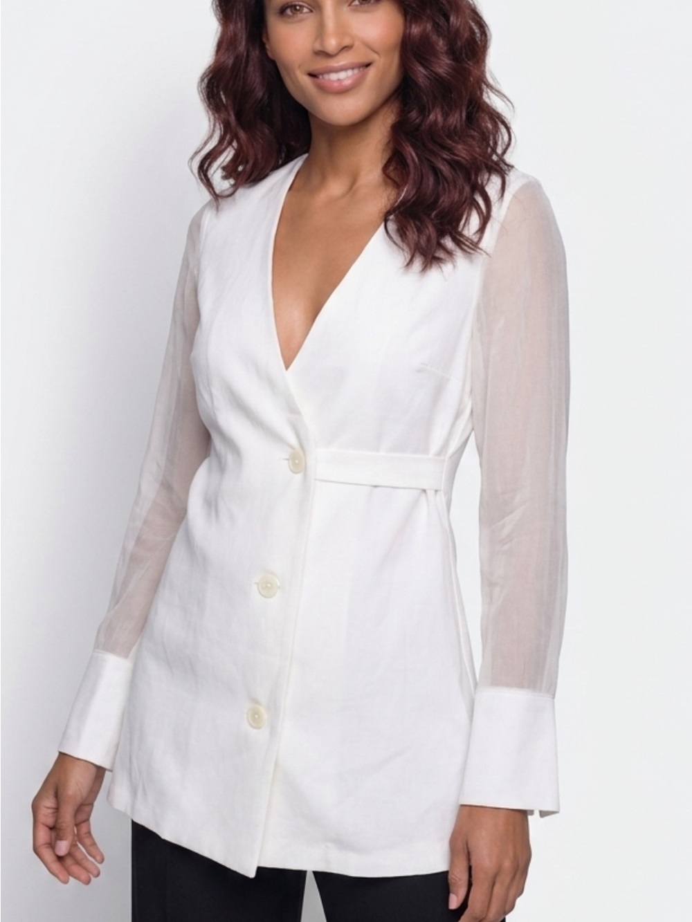 White V-Neck Button Front Blazer with Sheer Sleeves